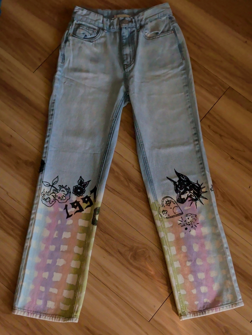 BDG Light Blue Straight Jeans with Pastel Ombre and Black Graphics